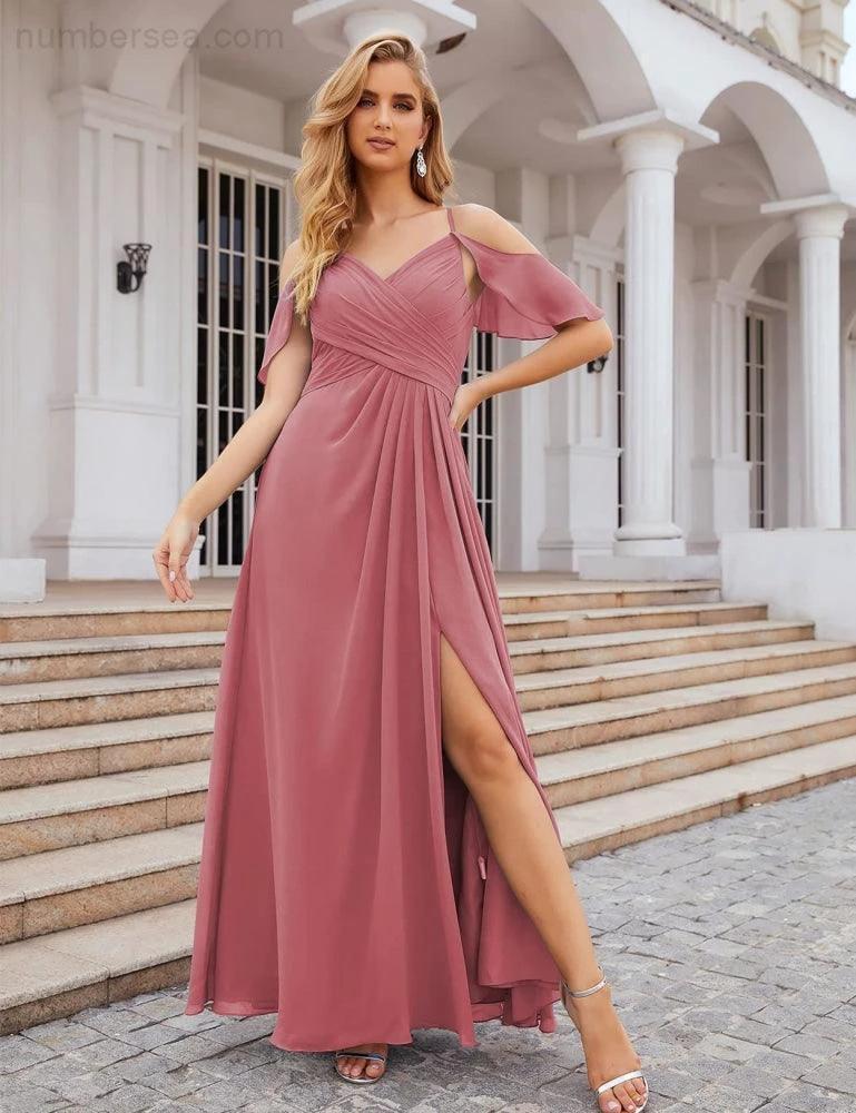 Numbersea Chiffon Cold Shoulder Long Bridesmaid Dresses Plus Size Formal Prom Gowns for Women Party Wedding  SEA28070