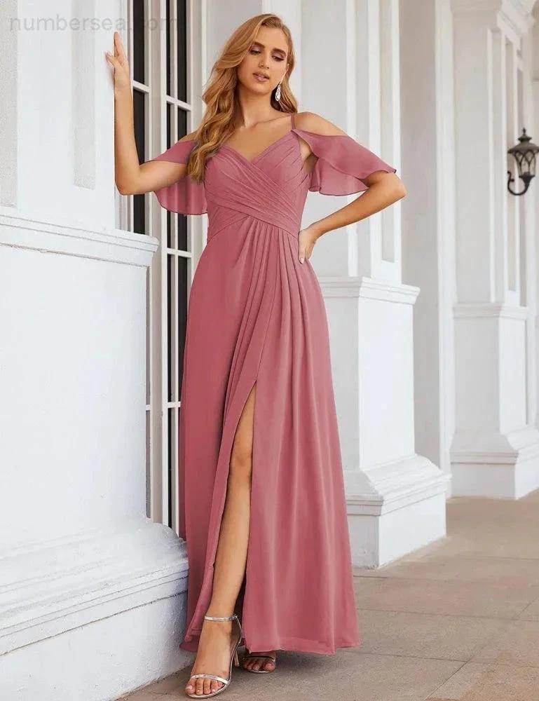 Numbersea Chiffon Cold Shoulder Long Bridesmaid Dresses Plus Size Formal Prom Gowns for Women Party Wedding  SEA28070