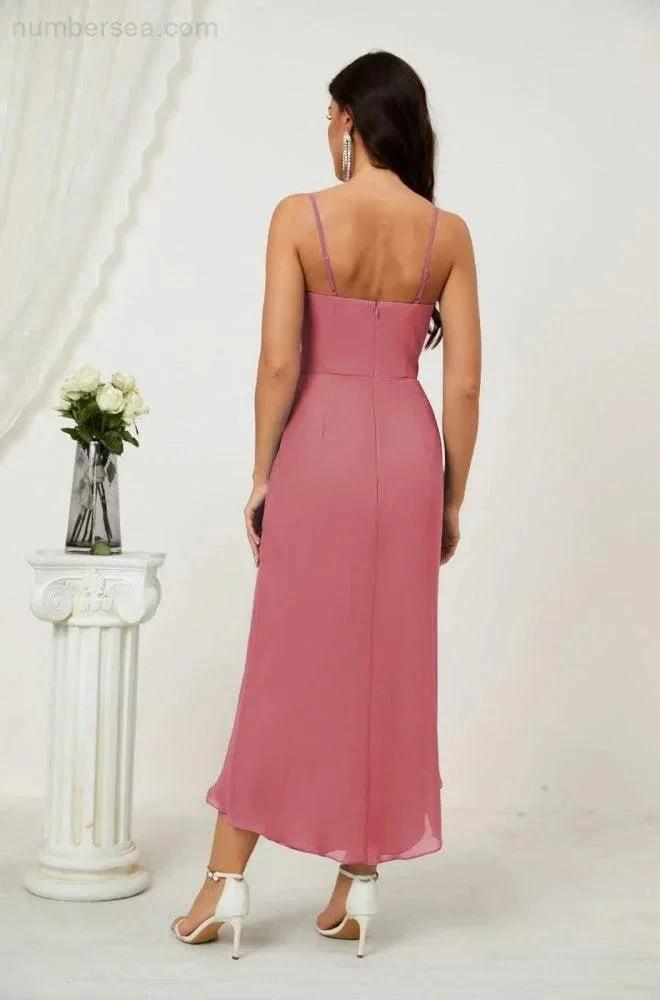 Numbersea Spaghetti Chiffon V Neck Bridesmaid Dress Mid-Length Slit Formal Prom Dress Homecoming Dress 2803