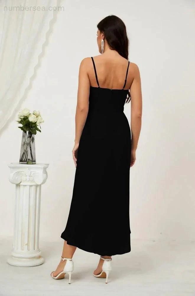 Numbersea Spaghetti Chiffon V Neck Bridesmaid Dress Mid-Length Slit Formal Prom Dress Homecoming Dress 2803