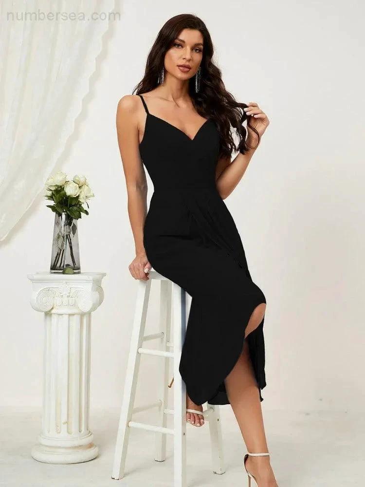 Numbersea Spaghetti Chiffon V Neck Bridesmaid Dress Mid-Length Slit Formal Prom Dress Homecoming Dress 2803