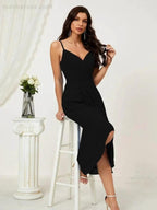 Numbersea Spaghetti Chiffon V Neck Bridesmaid Dress Mid-Length Slit Formal Prom Dress Homecoming Dress 2803