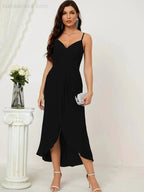 Numbersea Spaghetti Chiffon V Neck Bridesmaid Dress Mid-Length Slit Formal Prom Dress Homecoming Dress 2803