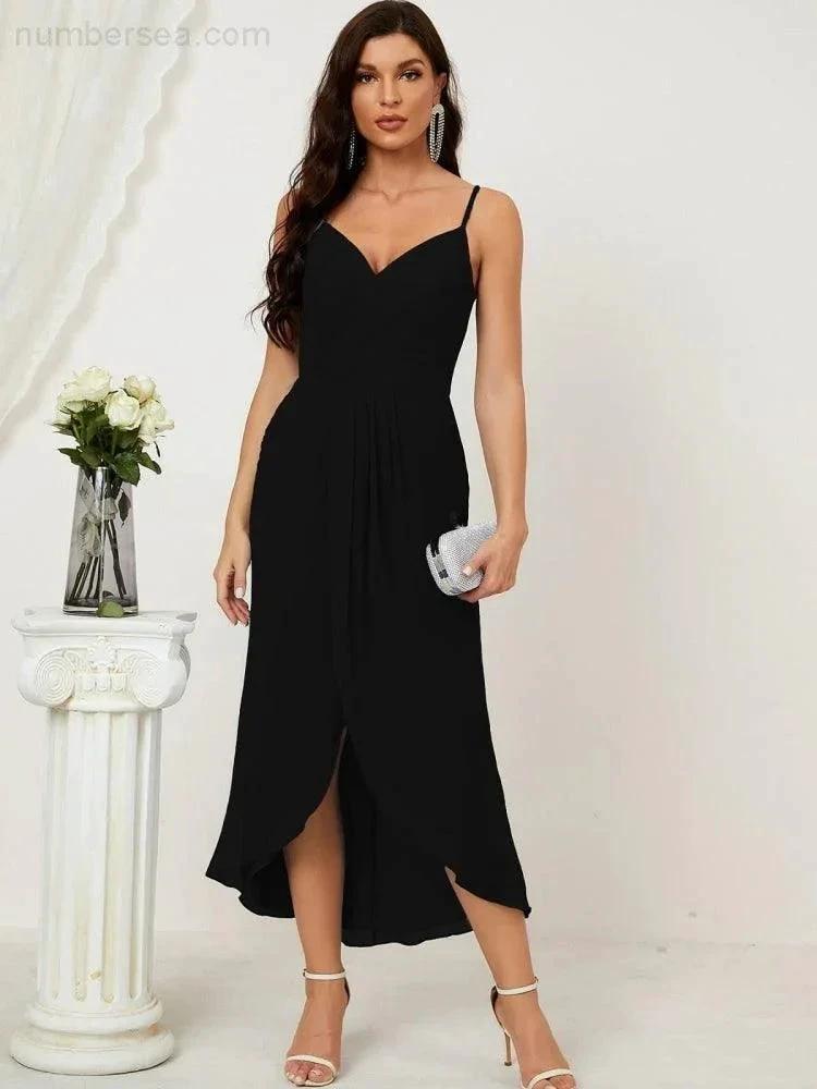 Numbersea Spaghetti Chiffon V Neck Bridesmaid Dress Mid-Length Slit Formal Prom Dress Homecoming Dress 2803
