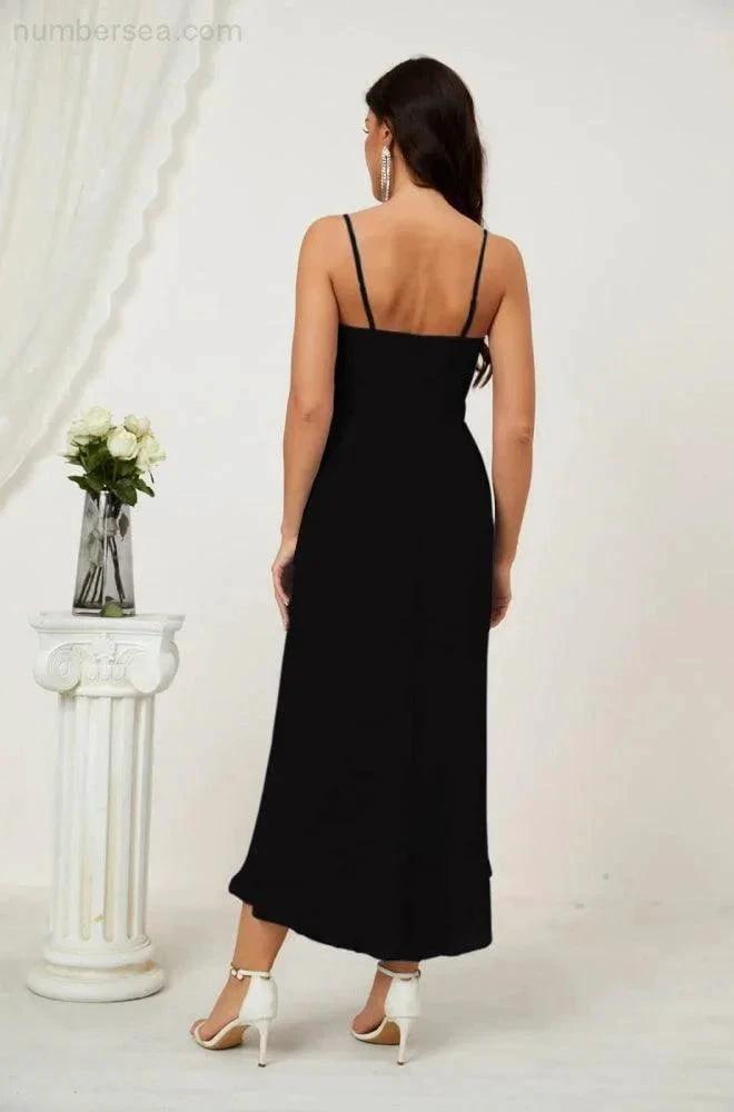 Numbersea Spaghetti Chiffon V Neck Bridesmaid Dress Mid-Length Slit Formal Prom Dress Homecoming Dress 2803