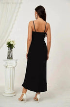 Numbersea Spaghetti Chiffon V Neck Bridesmaid Dress Mid-Length Slit Formal Prom Dress Homecoming Dress 2803