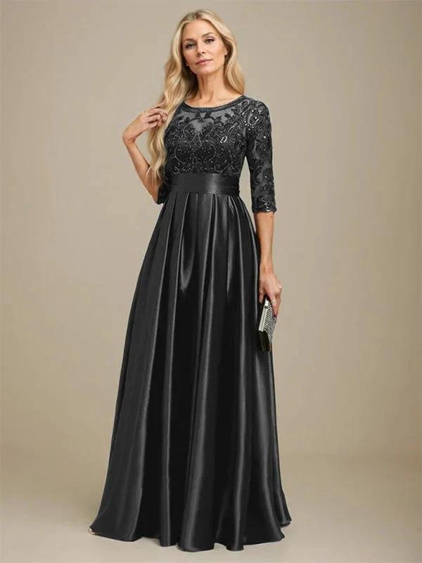A-line Scoop Illusion Floor-Length Stretch Satin Lace Mother of the Bride Dress With Bow Sequins