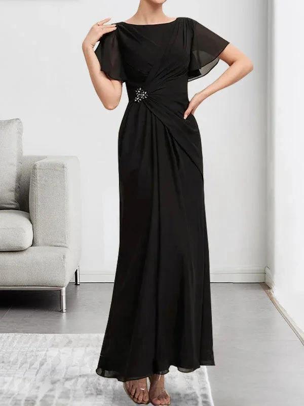 A-line Scoop Ankle-Length Chiffon Mother of the Bride Dress With Beading Pleated