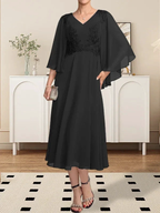 A-line V-Neck Tea-Length Chiffon Lace Mother of the Bride Dress With Beading Sequins