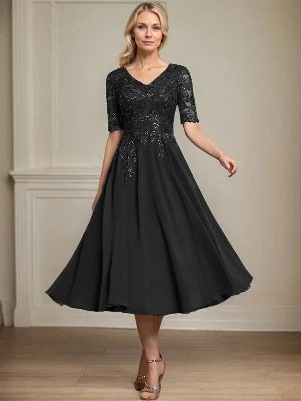 A-line V-Neck Tea-Length Lace Chiffon Mother of the Bride Dress With Sequins