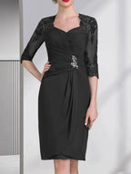 Sheath/Column Sweetheart Knee-Length Chiffon Mother of the Bride Dress With Beading Appliques Lace Sequins Pleated