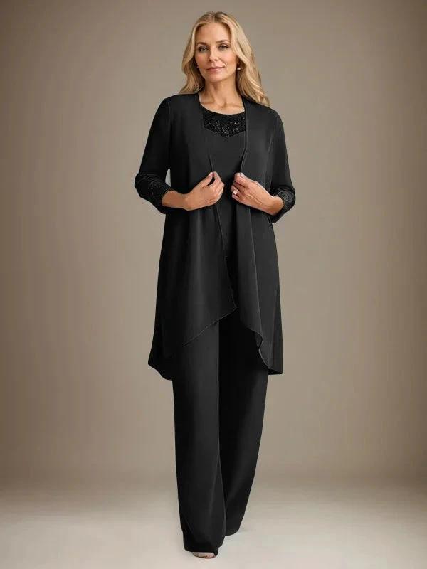 Chiffon Scoop Long Sleeves Mother Of The Bride Pantsuits With Jacket