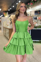 Black Straps Satin A-Line Short Corset Homecoming Dress With Bow PD543