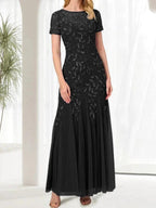 Blue Mermaid Round Neck Long Mother of the Bride Dress With Beadings