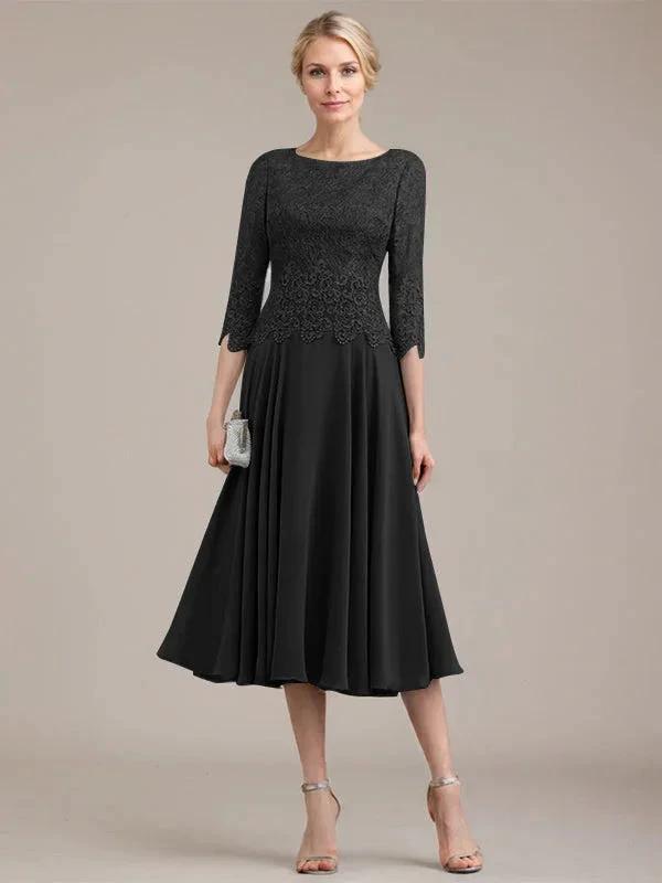 A-line Scoop Tea-Length Lace Chiffon Mother of the Bride Dress