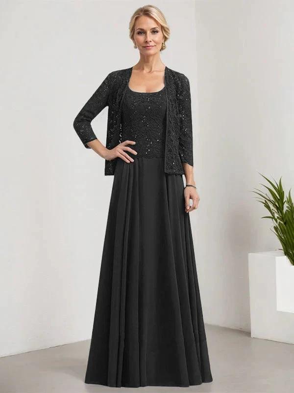A-line Square Floor-Length Lace Chiffon Mother of the Bride Dress With Sequins