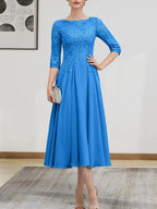 A-line Scoop Illusion Tea-Length Chiffon Lace Mother of the Bride Dress With Beading Sequins
