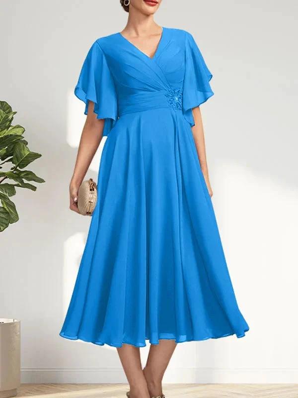 A-line V-Neck Tea-Length Chiffon Mother of the Bride Dress With Pleated Beading