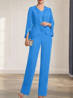 Separates Jumpsuit/Pantsuit V-Neck Floor-Length Chiffon Mother of the Bride Dress