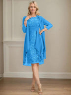 Sheath/Column Scoop Illusion Knee-Length Lace Chiffon Mother of the Bride Dress With Cascading Ruffles Sequins