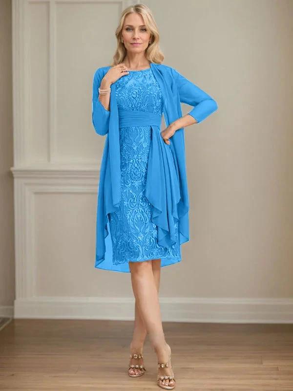Sheath/Column Scoop Illusion Knee-Length Lace Chiffon Mother of the Bride Dress With Cascading Ruffles Sequins