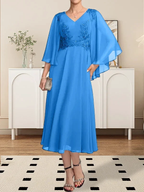 A-line V-Neck Tea-Length Chiffon Lace Mother of the Bride Dress With Beading Sequins