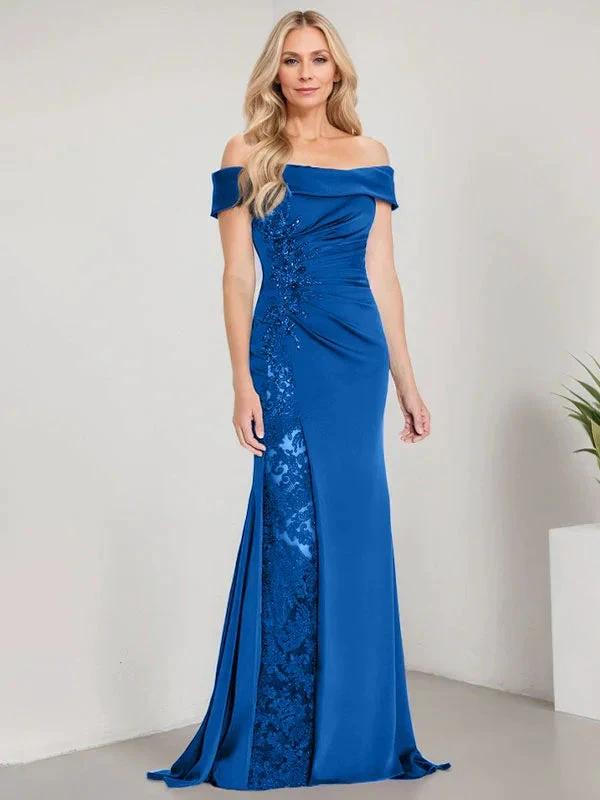 A-Line Off the Shoulder Floor-Length Mother of the Bride Dress Applique Beadings Mermaid Dress With  High Split