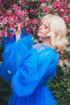 Blue Lace Applique Illusion Sleeves Tulle Long Prom Dress with Slit PSK468