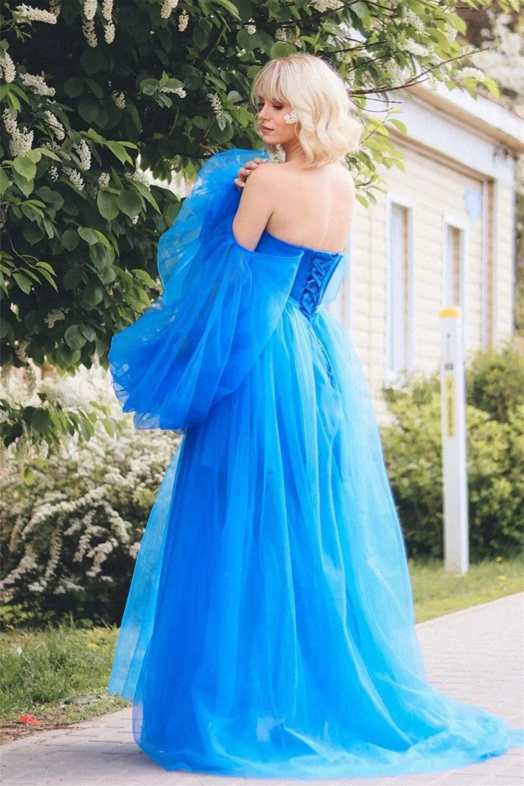 Blue Lace Applique Illusion Sleeves Tulle Long Prom Dress with Slit PSK468