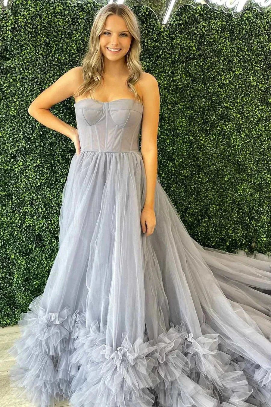 Blue Strapless Tulle Long Formal Dresses SYP168