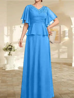 A-line V-Neck Floor-Length Chiffon Mother of the Bride Dress With Pleated Beading