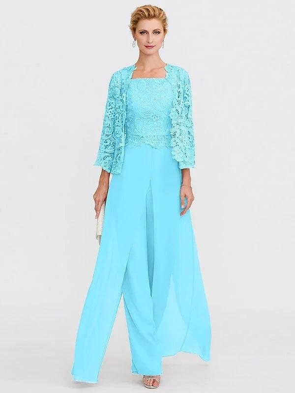 3 Piece Chiffon Square Neck Mother of the Bride Pantsuits with Jacket