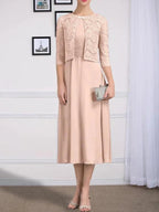 A-line Scoop Tea-Length Chiffon Mother of the Bride Dress With Pleated