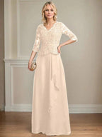 A-line V-Neck Floor-Length Lace Chiffon Mother of the Bride Dress With Cascading Ruffles Sequins