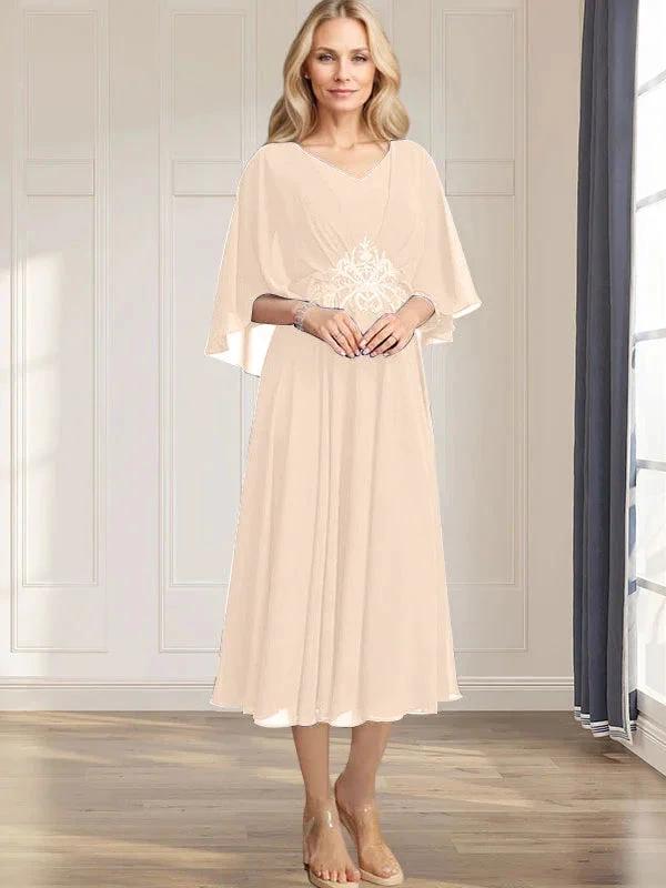 A-line V-Neck Tea-Length Chiffon Mother of the Bride Dress With Pleated Sequins Appliques Lace Beadind