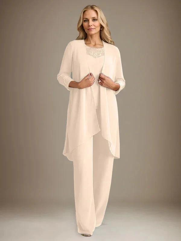 Chiffon Scoop Long Sleeves Mother Of The Bride Pantsuits With Jacket