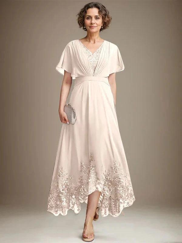 A-line V-Neck Asymmetrical Lace Chiffon Mother of the Bride Dress With Pleated