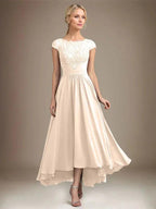 A-line Scoop Illusion Asymmetrical Lace Chiffon Mother of the Bride Dress With Pleated