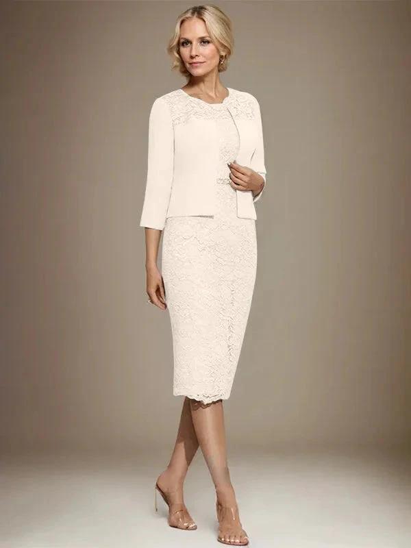 Sheath/Column Scoop Knee-Length Chiffon Lace Mother of the Bride Dress With Beading