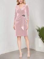 Short Velvet Sheath Dress with Surplice Neckline, Cascade Skirt and Embellishment Detail at Hip