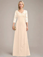 A-line V-Neck Floor-Length Lace Chiffon Mother of the Bride Dress With Cascading Ruffles Sequins