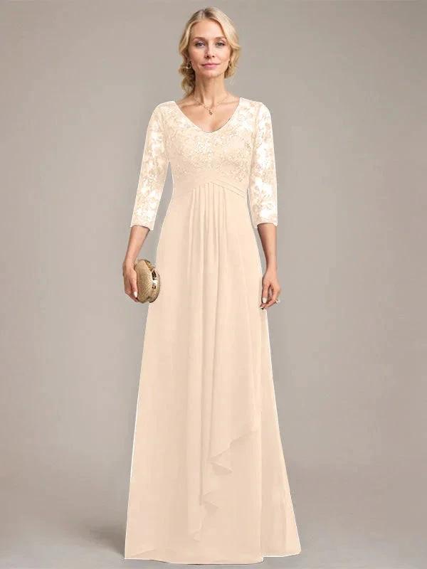 A-line V-Neck Floor-Length Lace Chiffon Mother of the Bride Dress With Cascading Ruffles Sequins