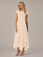 A-line Boat Neck Illusion Asymmetrical Chiffon Lace Mother of the Bride Dress With Applique Pleats