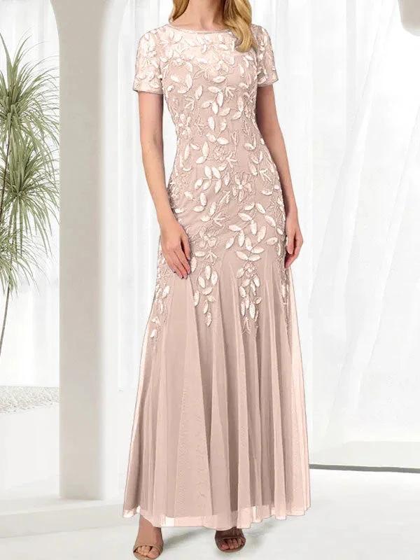 Blue Mermaid Round Neck Long Mother of the Bride Dress With Beadings