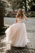 A-line Boho Champagne Off The Shoulder Wedding Dress Bridal Gown WD583