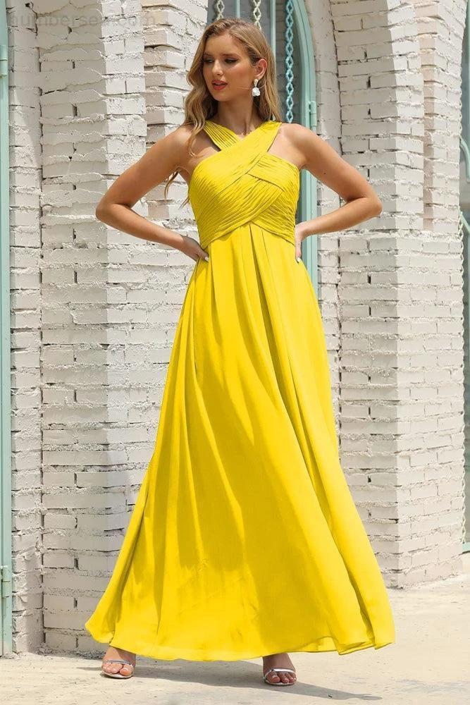 Numbersea Women Halter Chiffon Bridesmaid Dress A-line Long Formal Prom Gown SEA28015