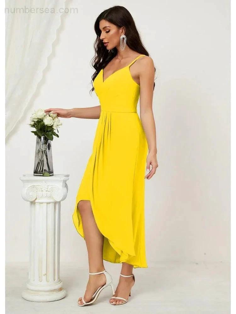 Numbersea Spaghetti Chiffon V Neck Bridesmaid Dress Mid-Length Slit Formal Prom Dress Homecoming Dress 2803