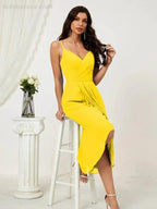 Numbersea Spaghetti Chiffon V Neck Bridesmaid Dress Mid-Length Slit Formal Prom Dress Homecoming Dress 2803