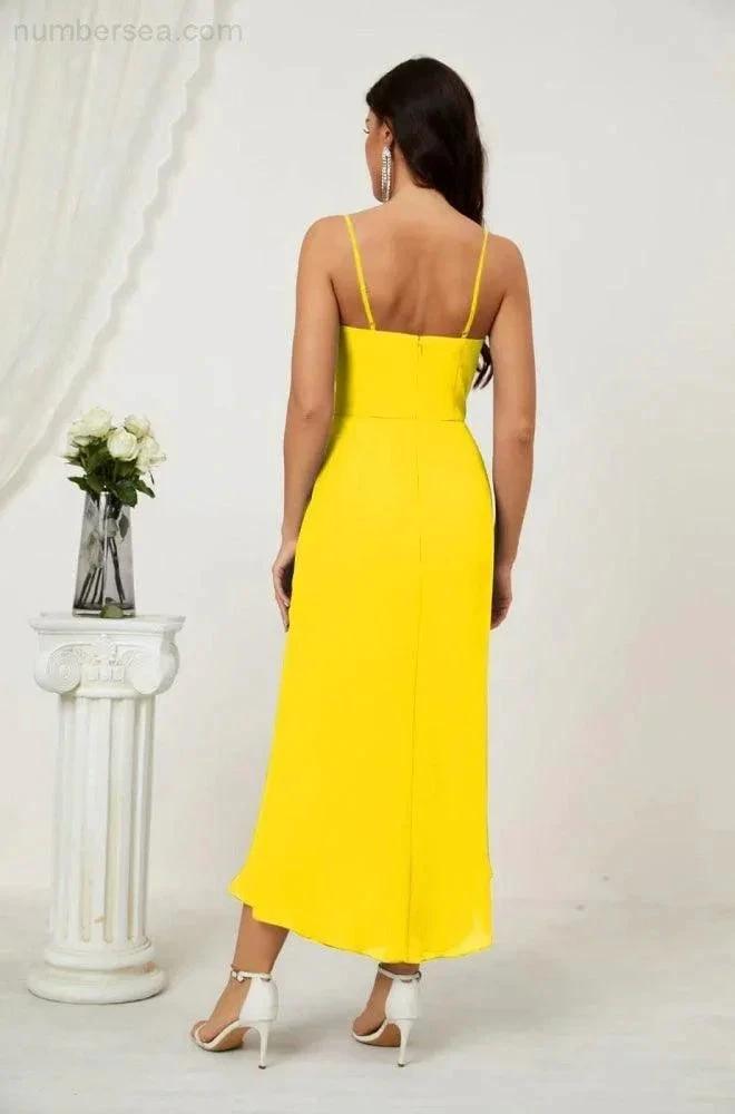Numbersea Spaghetti Chiffon V Neck Bridesmaid Dress Mid-Length Slit Formal Prom Dress Homecoming Dress 2803