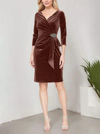 Short Velvet Sheath Dress with Surplice Neckline, Cascade Skirt and Embellishment Detail at Hip